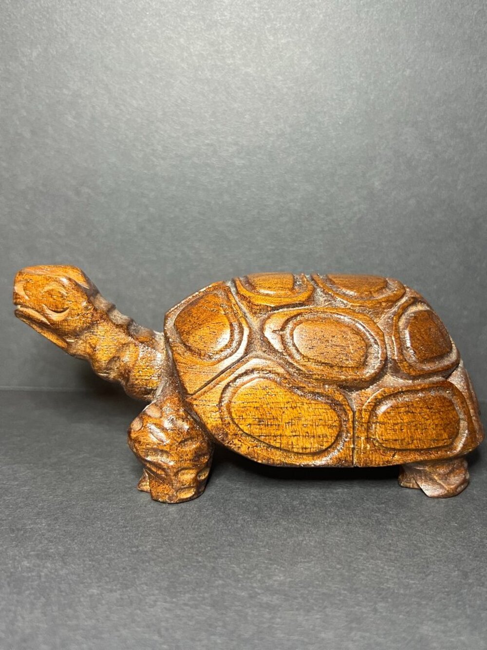 Vintage Hand Carved Textured Wooden Tortoise Sculpture Figurine 2 x 5"